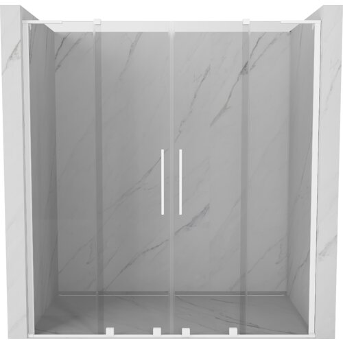 Przesuwane drzwi prysznicowe o szerokości 200 cm, wykonane z przezroczystego szkła, z białymi uchwytami, zamontowane w marmurowej wnęce. Produkt ma prosty, nowoczesny design z widocznymi pionowymi liniami i delikatnym wzorem marmuru na ścianach.