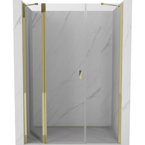 Drzwi prysznicowe uchylne o szerokości 120 cm, wykonane z transparentnego szkła, z elementami w kolorze złotym, zamontowane w marmurowej wnęce. Produkt ma prosty uchwyt i złote ramy, które kontrastują z jasnym tłem.