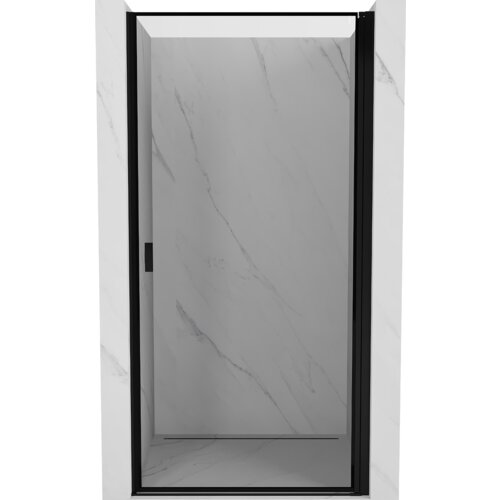 Na zdjęciu widoczne są drzwi prysznicowe z czarną ramką, zamontowane w marmurowej wnęce. Drzwi mają uchylną konstrukcję i minimalistyczny design.