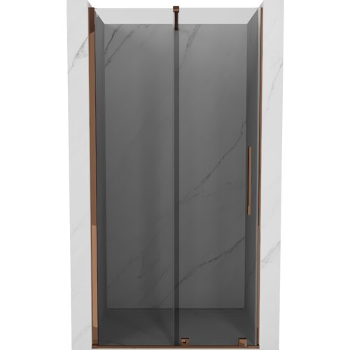 Drzwi prysznicowe rozsuwane o szerokości 90 cm, wykonane z grafitowego szkła, z elementami w kolorze różowego złota. Produkt ma elegancki, nowoczesny design z prostokątnym uchwytem i subtelnymi, marmurowymi wzorami na szkle.
