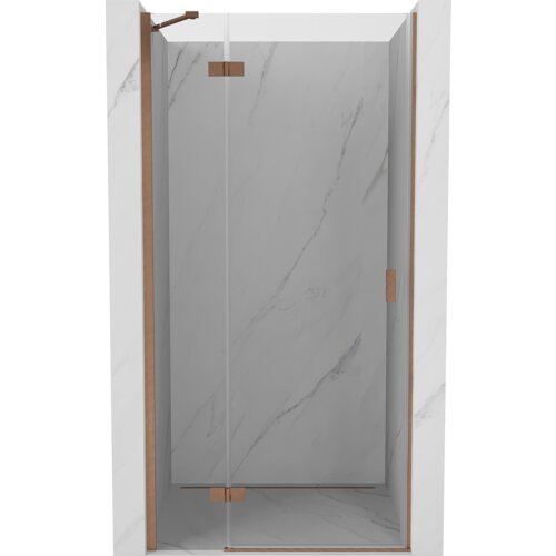 Drzwi prysznicowe uchylne o szerokości 90 cm, wykonane z transparentnego szkła, z elementami w kolorze miedzi szczotkowanej, zamontowane w marmurowej wnęce. Produkt oznaczony jako "Mexen Mist-H - 8A5-090-000-65-00-L".
