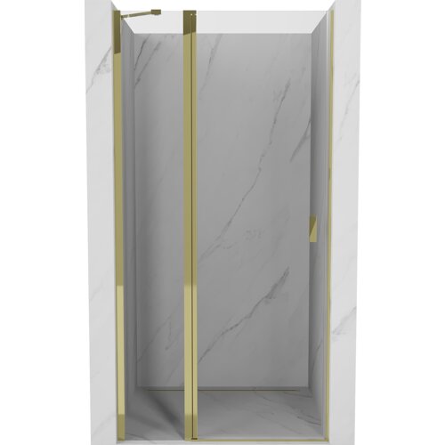 Drzwi prysznicowe uchylne o szerokości 90 cm, wykonane z transparentnego szkła, z elementami w kolorze złotym, zamontowane w kabinie z marmurowym wzorem. Produkt oznaczony jako "Mexen Mist - 8A4-090-000-50-00".