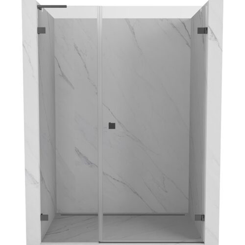 Drzwi prysznicowe uchylne o transparentnej powierzchni, wykonane z materiału w kolorze gun metal, zamontowane w kabinie z marmurowym wzorem na ścianach. Produkt to "Mexen Lunar-B L drzwi prysznicowe uchylne prawe 120 cm, transparent, gun metal - 832SL-120-050-95-00-P".