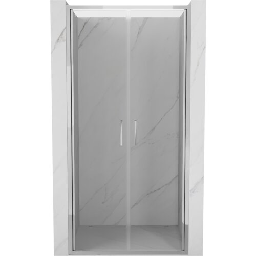 Podwójne uchylne drzwi prysznicowe o szerokości 90 cm, wykonane z przezroczystego szkła i wykończone chromowanymi elementami, zamontowane w marmurowej wnęce. Drzwi posiadają dwa pionowe uchwyty.