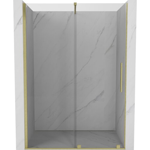 Przesuwane drzwi prysznicowe o szerokości 130 cm z transparentnego szkła, z elementami w kolorze złotym szczotkowanym, zamontowane w kabinie z marmurowym wzorem. Produkt oznaczony jako "Mexen Velar drzwi prysznicowe rozsuwane 130 cm, transparent, złote szczotkowane - 871-130-000-01-55".