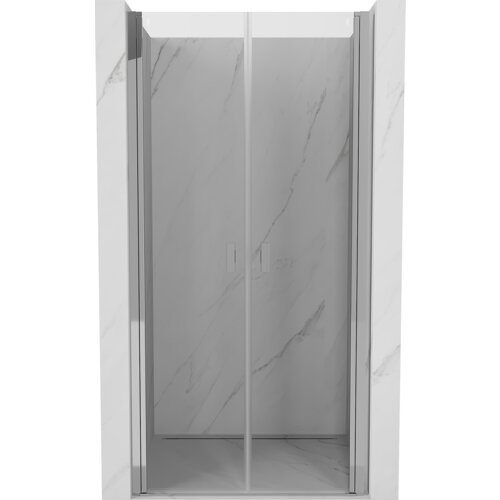 Drzwi prysznicowe uchylne o szerokości 95 cm, wykonane z transparentnego szkła, z chromowanymi elementami, umieszczone w marmurowej wnęce. Produkt oznaczony jako "Mexen Mist - 8A7-095-000-01-00".
