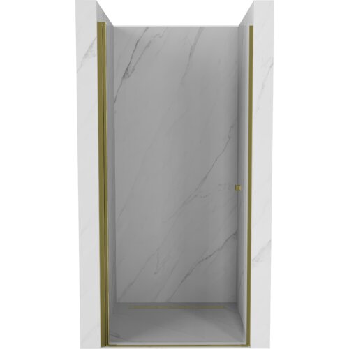 Drzwi prysznicowe uchylne o złotych ramach i transparentnym szkle, zamontowane w marmurowej wnęce. Produkt to "Mexen Pretoria drzwi prysznicowe uchylne 90 cm, transparent, złote - 852-090-000-50-00".