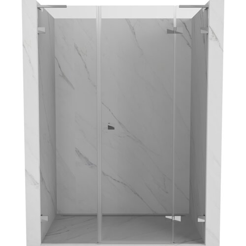 Przeszklone drzwi prysznicowe z chromowanymi elementami, zamontowane w marmurowej wnęce. Produkt to "Mexen Lunar L drzwi prysznicowe uchylne prawe 160 cm, transparent, chrom - 834SL-160-050-01-00-P".
