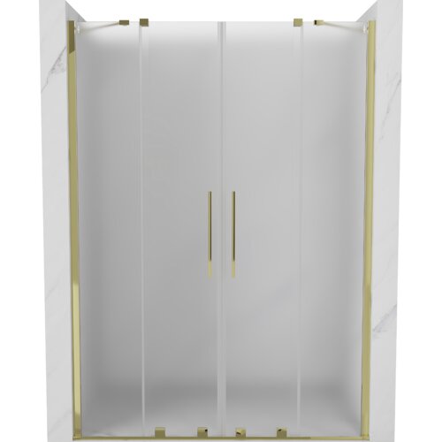 Szklane drzwi prysznicowe o matowym wykończeniu z widocznymi złotymi uchwytami i ramą. Produkt to "Mexen Velar Duo drzwi prysznicowe rozsuwane 140 cm, szron, złote - 871-140-000-32-50".