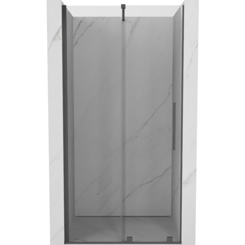 Przesuwane drzwi prysznicowe o szerokości 110 cm, wykonane z transparentnego szkła, z wykończeniem w kolorze gun gray szczotkowanym. Produkt ma prosty, nowoczesny design z pionowym uchwytem po jednej stronie.