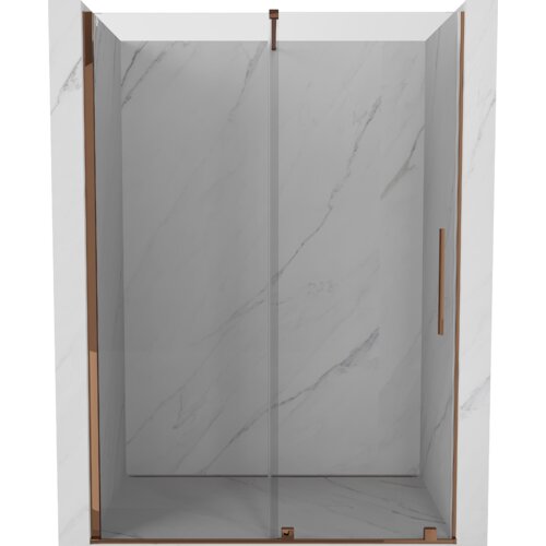 Przeszklone drzwi prysznicowe o szerokości 130 cm z transparentnym szkłem i wykończeniem w kolorze różowego złota, zamontowane w marmurowej wnęce. Produkt posiada prostokątną rączkę i subtelne detale w kolorze różowego złota.