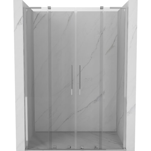 Przeszklone drzwi prysznicowe z chromowanymi uchwytami, zamontowane w marmurowej wnęce. Produkt oznaczony jako "Mexen Velar L Duo drzwi prysznicowe rozsuwane 150 cm, transparent, chrom - 871-150-003-02-01".
