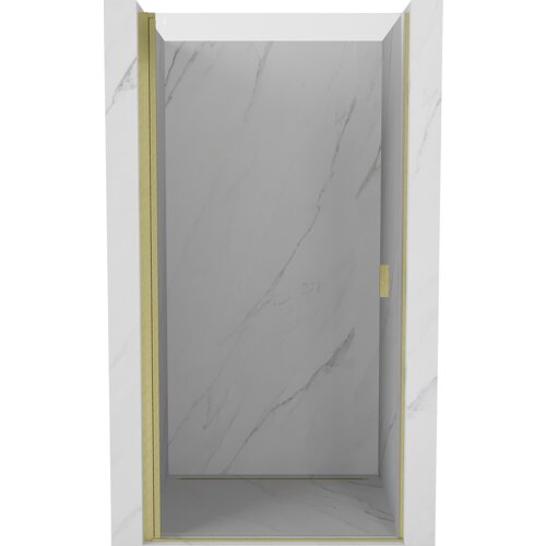 Drzwi prysznicowe uchylne o szerokości 75 cm, wykonane z transparentnego szkła, z elementami w kolorze złotym szczotkowanym. W tle widoczna jest ściana z wzorem przypominającym marmur.