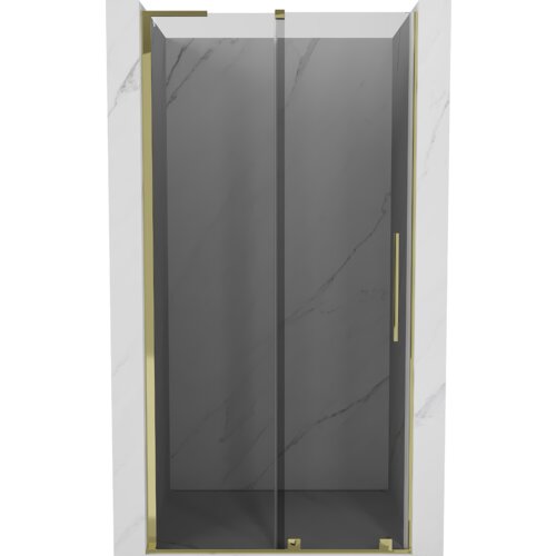 Drzwi prysznicowe rozsuwane o szerokości 100 cm, wykonane z grafitowego szkła, z złotymi elementami wykończenia. Produkt ma elegancki, nowoczesny design z prostokątnym uchwytem.