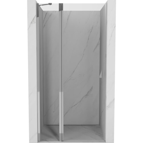 Przeszklone drzwi prysznicowe z chromowanymi elementami, zamontowane w marmurowej wnęce. Produkt opisany jako "Mexen Mist drzwi prysznicowe uchylne 85 cm, transparent, chrom - 8A4-085-000-01-00".