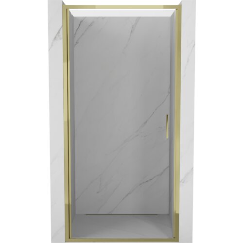 Drzwi prysznicowe uchylne o szerokości 75 cm, wykonane z transparentnego szkła, z eleganckimi złotymi ramami i uchwytem. Tło stanowi powierzchnia imitująca marmur w odcieniach szarości.