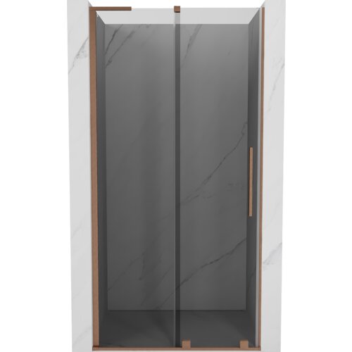 Drzwi prysznicowe rozsuwane o wymiarach 90 cm, wykonane z grafitowego szkła z miedzianymi, szczotkowanymi elementami. Produkt ma prosty, nowoczesny design z widocznymi uchwytami i ramą.