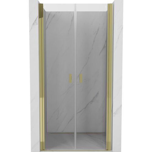 Na zdjęciu widoczne są uchylne drzwi prysznicowe o szerokości 75 cm, wykonane z transparentnego szkła, z złotymi elementami wykończenia. Drzwi są zamontowane w marmurowej wnęce, a na ich powierzchni znajdują się dwa pionowe uchwyty.