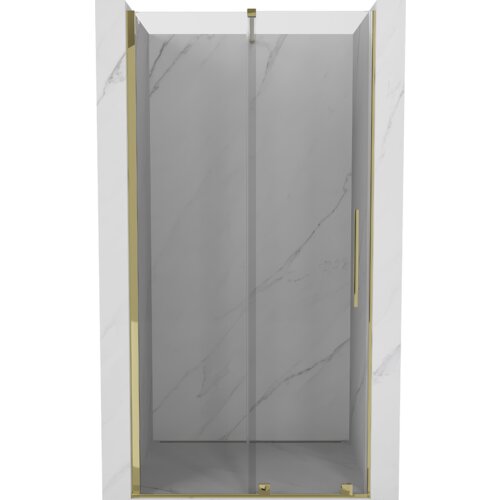 Przesuwane drzwi prysznicowe o szerokości 110 cm, wykonane z transparentnego szkła, z elementami w złotym kolorze. Produkt ma prosty, nowoczesny design z pionowym uchwytem i złotymi akcentami na ramie.