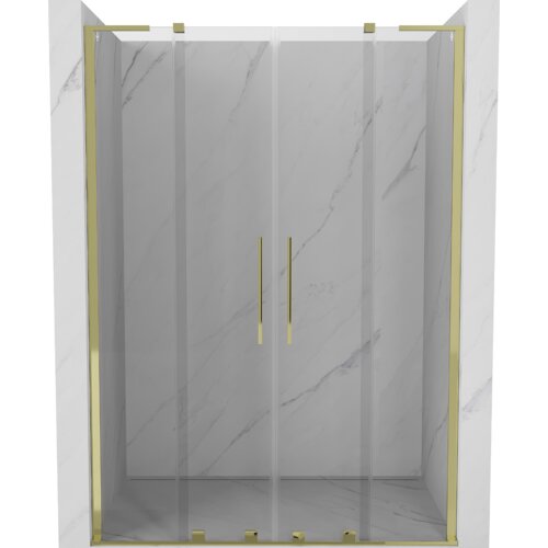 Przesuwane drzwi prysznicowe o szerokości 140 cm z przezroczystego szkła, z złotymi elementami wykończenia i uchwytami, zamontowane w marmurowej wnęce. Produkt ma elegancki, nowoczesny wygląd.