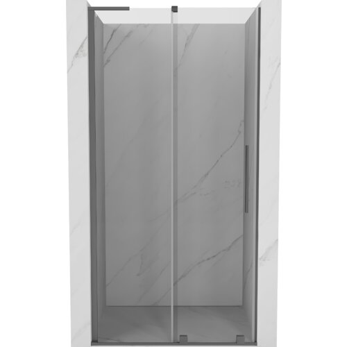 Przesuwane drzwi prysznicowe o wymiarach 120 cm, wykonane z transparentnego szkła, z wykończeniem w kolorze gun metal. Drzwi są umieszczone w marmurowej wnęce, z widocznym pionowym uchwytem po prawej stronie.