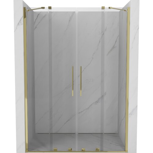Przeszklone drzwi prysznicowe o złotych ramach i uchwytach, zamontowane w marmurowej wnęce. Produkt to "Mexen Velar Duo drzwi prysznicowe rozsuwane 140 cm, transparent, złote - 871-140-000-02-50".
