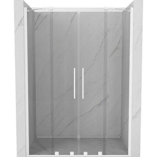 Przesuwane drzwi prysznicowe o szerokości 150 cm, wykonane z przezroczystego szkła, z białymi uchwytami, zamontowane w marmurowej wnęce. Produkt ma prosty, nowoczesny design z widocznymi pionowymi liniami na szkle.