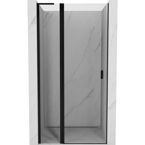 Drzwi prysznicowe uchylne o szerokości 90 cm, wykonane z transparentnego szkła z czarnymi elementami konstrukcyjnymi, umieszczone w kabinie z jasnymi, marmurowymi ścianami. Produkt oznaczony jako "Mexen Mist L".