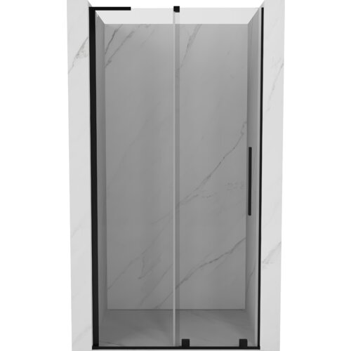 Przesuwane drzwi prysznicowe o wymiarach 120 cm, wykonane z przezroczystego szkła z czarnymi elementami wykończenia, umieszczone w marmurowej wnęce. Produkt oznaczony jako "Mexen Velar L drzwi prysznicowe rozsuwane 120 cm, transparent, czarne - 871-120-003-01-70".