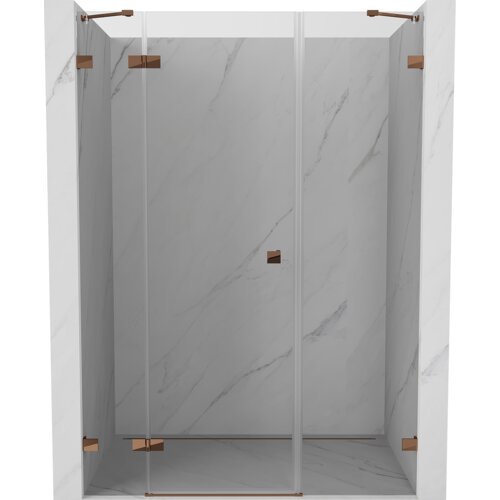 Przeszklone drzwi prysznicowe z elementami w kolorze różowego złota, zamontowane w marmurowej wnęce. Drzwi mają minimalistyczny design z prostymi liniami i eleganckimi uchwytami.