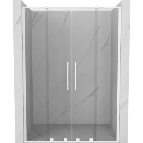 Przesuwane drzwi prysznicowe o transparentnej powierzchni z białymi uchwytami, zamontowane w marmurowej wnęce. Produkt to "Mexen Velar L Duo drzwi prysznicowe rozsuwane 150 cm, transparent, białe - 871-150-003-02-20".