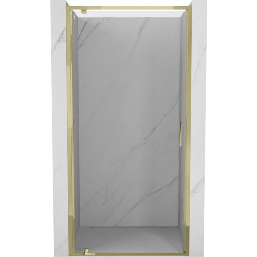 Na zdjęciu widoczne są uchylne drzwi prysznicowe o złotej ramie i transparentnym szkle, zamontowane w marmurowej wnęce. Produkt ma elegancki, nowoczesny design.