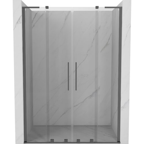 Przeszklone drzwi prysznicowe o szerokości 150 cm z metalowymi uchwytami, osadzone w marmurowej wnęce. Produkt ma wykończenie w kolorze gun metal i przezroczyste panele.