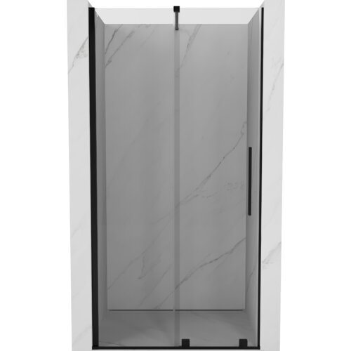 Przesuwane drzwi prysznicowe o transparentnym szkle i czarnych ramach, zamontowane w marmurowej wnęce. Produkt to "Mexen Velar drzwi prysznicowe rozsuwane 110 cm, transparent, czarne - 871-110-000-01-70".