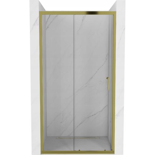 Przesuwane drzwi prysznicowe o szerokości 90 cm z przezroczystego szkła, z złotymi ramami i uchwytem, zamontowane w marmurowej wnęce. Produkt marki Mexen Apia, model 845-090-000-50-00.