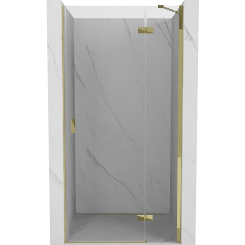 Drzwi prysznicowe uchylne o szerokości 95 cm, wykonane z transparentnego szkła, z elementami w kolorze złotym, zamontowane w marmurowej wnęce. Produkt "Mexen Mist-H" posiada eleganckie, złote okucia i uchwyty.