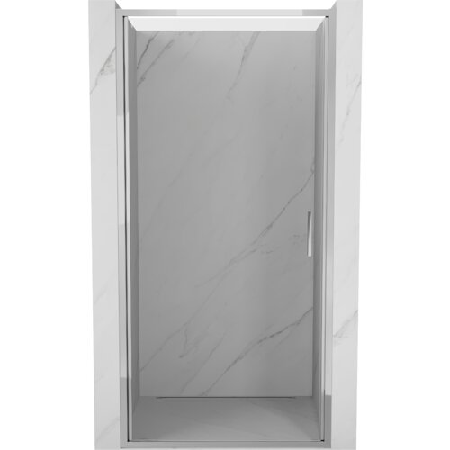 Przeszklone drzwi prysznicowe z uchwytem, osadzone w chromowanej ramie, na tle ściany o marmurowym wzorze. Produkt to "Mexen Exo drzwi prysznicowe uchylne 85 cm, transparent, chrom - 817-085-000-01-00".