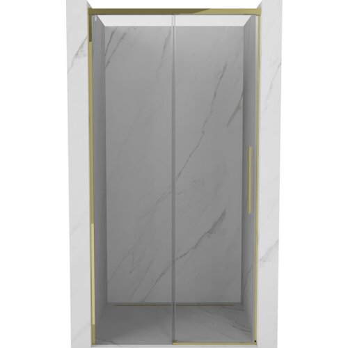 Przesuwane drzwi prysznicowe o szerokości 135 cm z przezroczystego szkła, z złotymi elementami wykończenia, zamontowane w marmurowej wnęce. Produkt ma prosty, nowoczesny design z pionowym uchwytem.