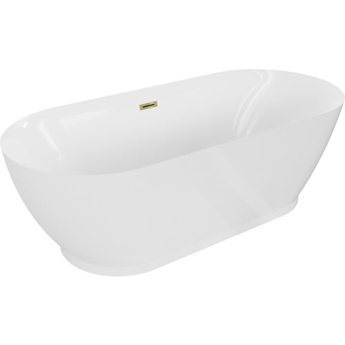 Biała, wolnostojąca wanna o gładkiej powierzchni z widocznym złotym przelewem. Produkt ma zaokrąglone krawędzie i elegancki, nowoczesny design.