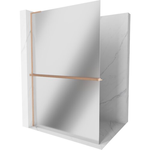 Ścianka prysznicowa typu walk-in o wymiarach 120 x 200 cm, wykonana z lustra i miedzi szczotkowanej, z widoczną półką. Tło stanowi powierzchnia imitująca marmur.