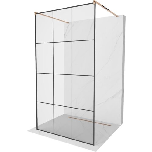 Wolnostojąca ścianka prysznicowa z czarną kratką i elementami w kolorze różowego złota, umieszczona na tle imitującym marmur. Produkt ma wymiary 120 x 200 cm i wykonany jest z 8 mm szkła.