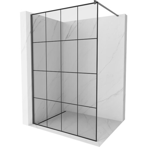Na zdjęciu znajduje się ścianka prysznicowa typu walk-in o wymiarach 140 x 200 cm z czarną kratką i szczotkowanym wykończeniem w kolorze gun gray. Ścianka jest zamontowana w narożniku z marmurowymi ścianami.