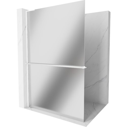 Przedstawione jest zdjęcie ścianki prysznicowej z półką, wykonanej z lustra, o wymiarach 70 x 200 cm, w kolorze białym. Produkt ma prostą konstrukcję z widoczną półką i jest umieszczony na tle imitującym marmur.