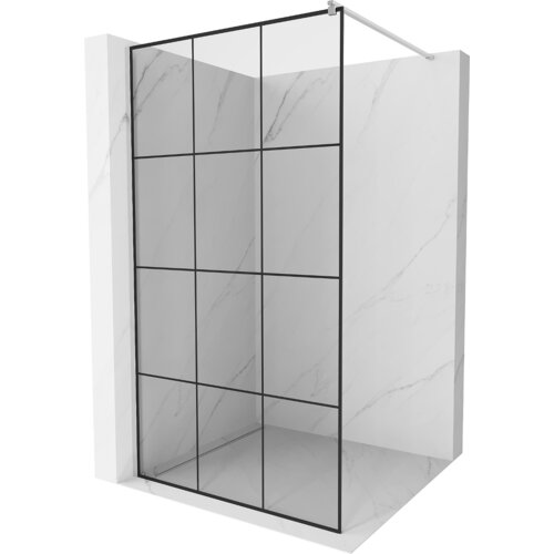 Na zdjęciu znajduje się ścianka prysznicowa typu walk-in z czarną kratką, zamontowana na marmurowej ścianie. Produkt ma wymiary 110 x 200 cm i jest wykonany z przezroczystego szkła o grubości 8 mm.