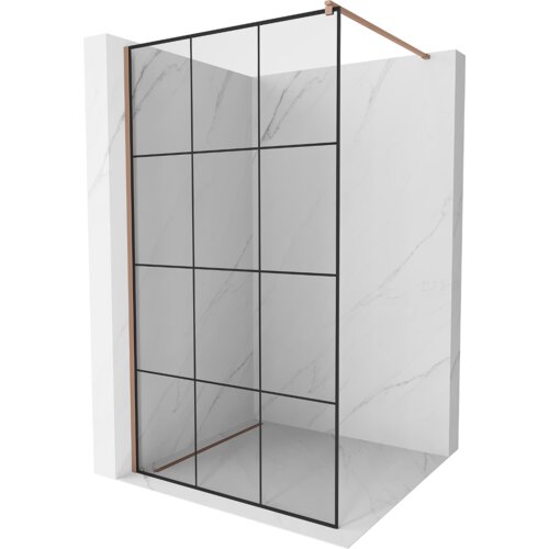 Przedstawiono ściankę prysznicową typu walk-in z czarną kratką i elementami w kolorze różowego złota, zamontowaną na tle ścian o marmurowym wzorze. Produkt ma wymiary 110 x 200 cm i wykonany jest z 8 mm szkła.