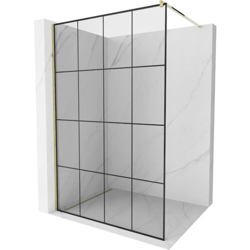 Na zdjęciu znajduje się ścianka prysznicowa typu walk-in z czarną kratką i złotymi elementami, umieszczona w marmurowej wnęce. Produkt ma wymiary 140 x 200 cm i wykonany jest z 8 mm szkła.