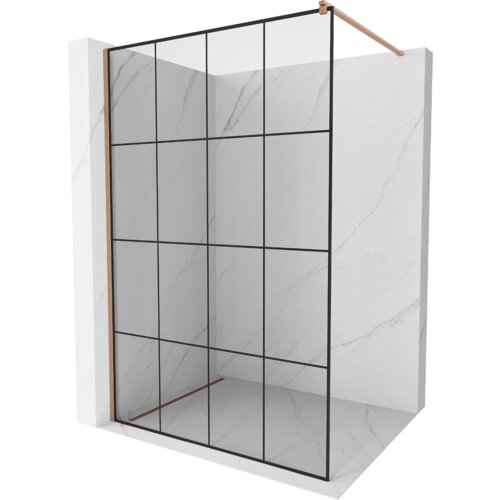 Na zdjęciu znajduje się ścianka prysznicowa typu walk-in o wymiarach 160 x 200 cm, z czarną kratką i miedzianymi elementami, umieszczona w narożniku z marmurowymi ścianami. Produkt ma nowoczesny design z widocznymi prostokątnymi panelami szklanymi.