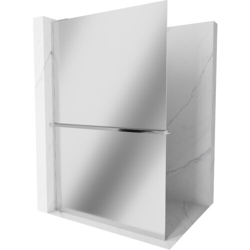 Przedstawiono ściankę prysznicową z lustrem i chromowaną półką, umieszczoną w marmurowej wnęce. Produkt ma prosty, nowoczesny design z gładką powierzchnią i metalicznymi elementami.
