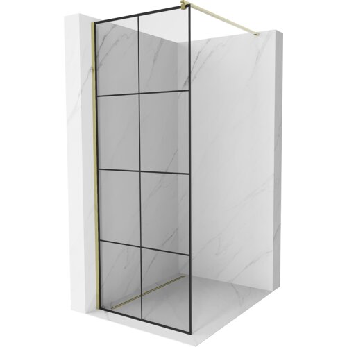 Na zdjęciu znajduje się ścianka prysznicowa typu walk-in o wymiarach 80 x 200 cm z czarną kratką i złotymi elementami, umieszczona w narożniku wyłożonym jasnymi płytkami z marmurowym wzorem. Konstrukcja ma prostokątny kształt i jest wsparta złotym wspornikiem.