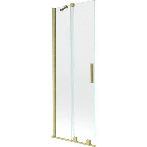 Dwuskrzydłowy, rozsuwany parawan nawannowy o wymiarach 70 x 150 cm, wykonany z transparentnego szkła z elementami w kolorze złotym szczotkowanym. Produkt posiada prostokątny uchwyt oraz złote ramy i mocowania.